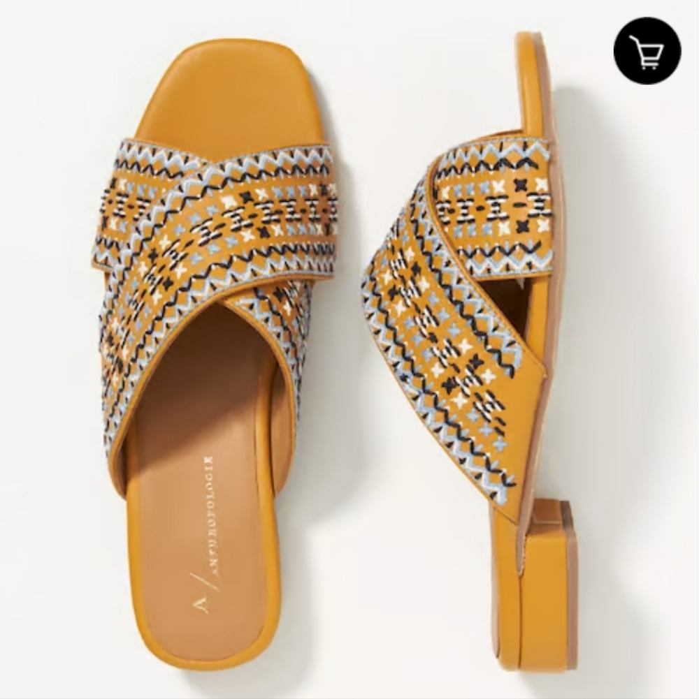 Anthropologie Mustard Yellow Embroidered Crisscross Slide Mules